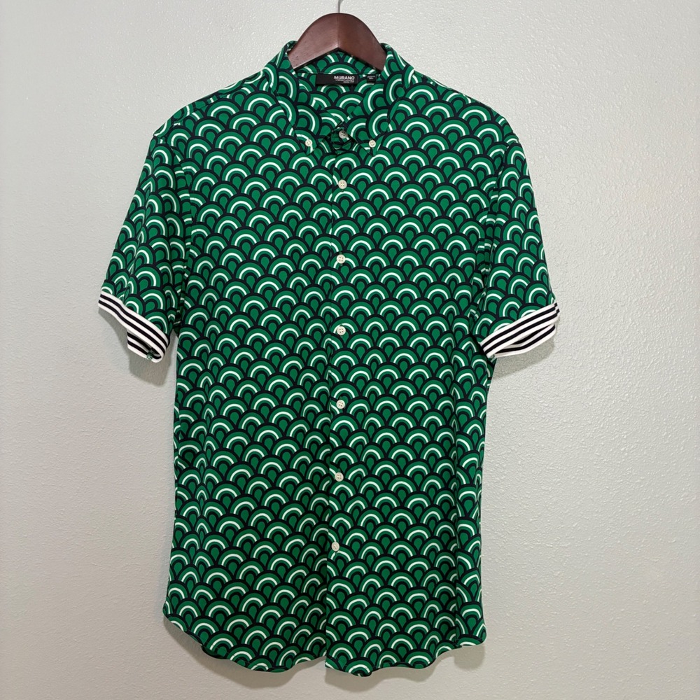 Murano Liquid Luxury Mens XL Slim Fit Green Geometric Wave Button Down Shirt